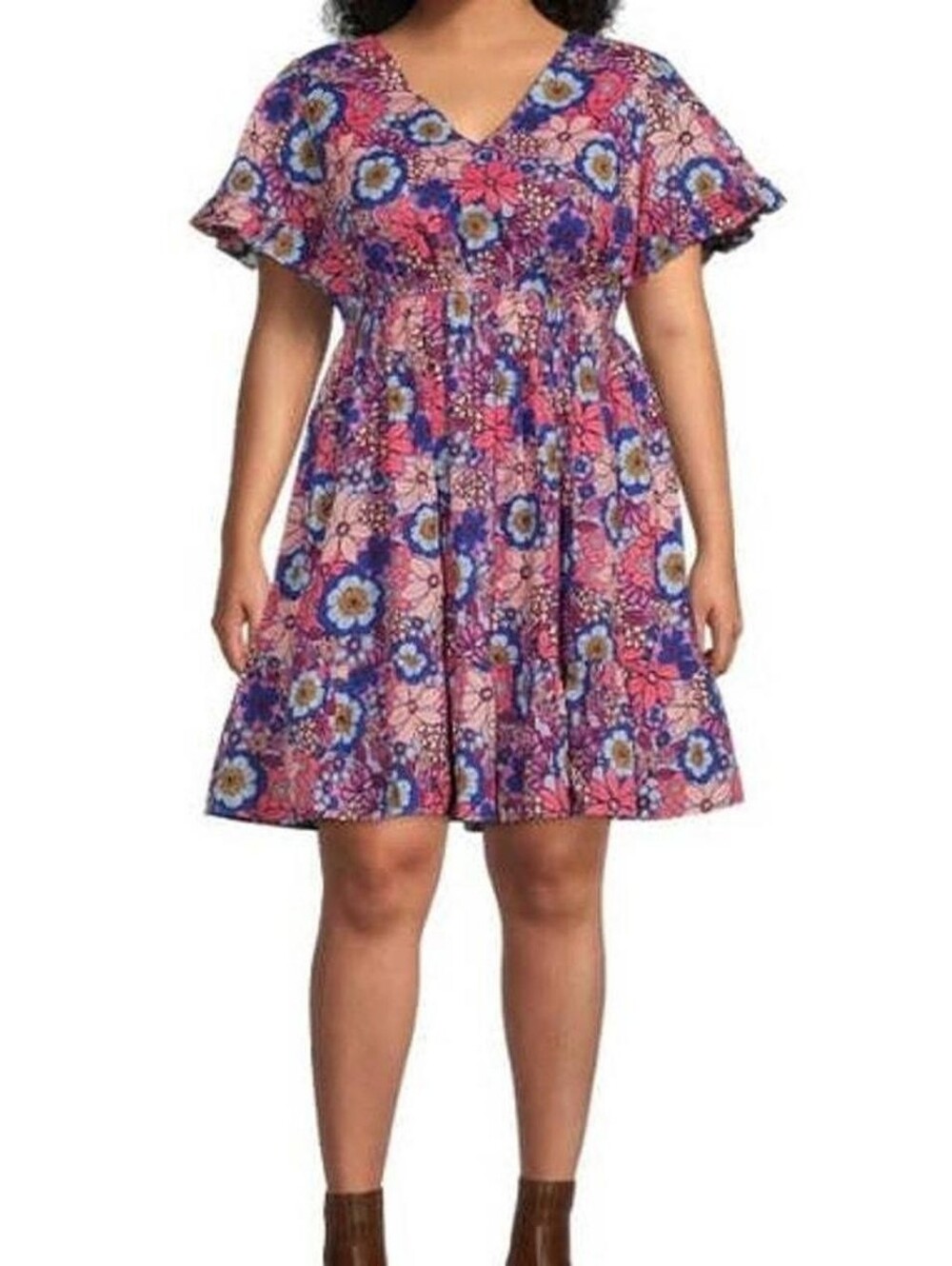 Terra & Sky Pink Purple Floral Short Sleeve A-line Cotton Mini dress Size OX